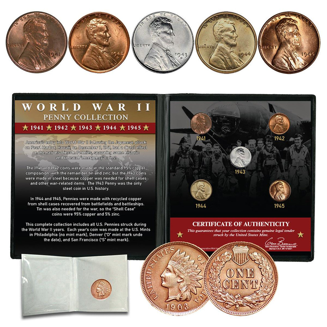 WWII Penny Collection with Bonus 100 Year Old Indian Head Penny - CoinsTV