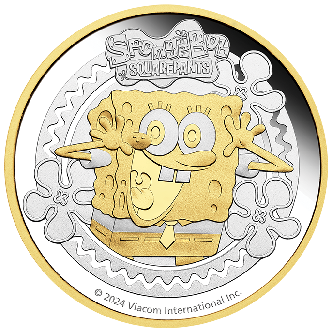 2024 Tuvalu SpongeBob Squarepants Gold Gilded Proof 2 oz Silver Coin