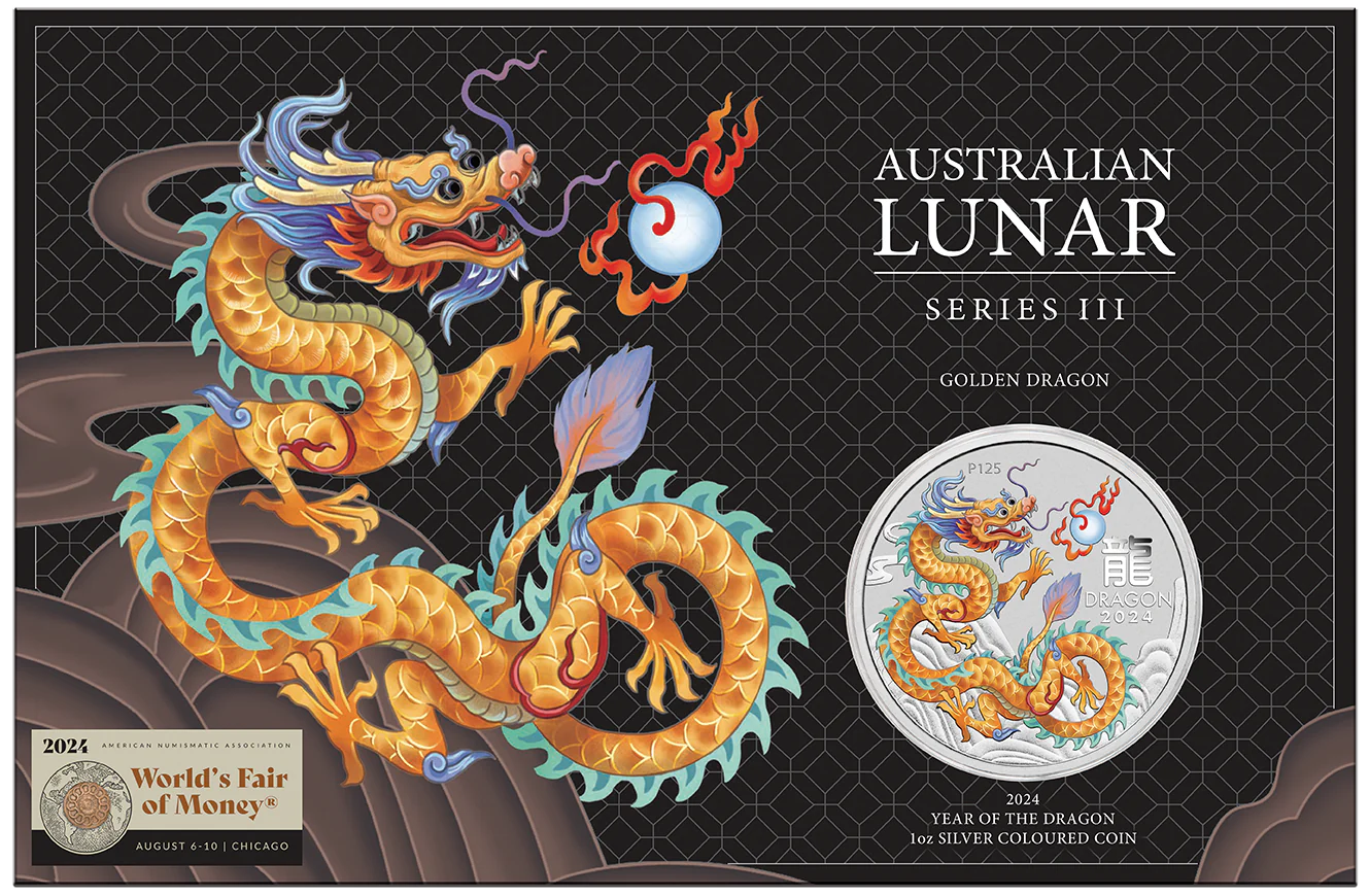 2024 Australia Lunar Golden Dragon Chicago ANA Edition 1 oz Silver Coin in Card - CoinsTV