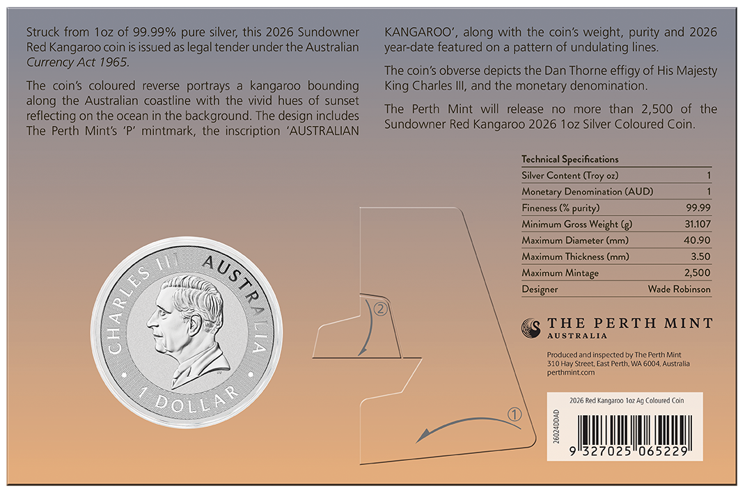 2026 Australia Kangaroo BU Colorized Sundowner Edition 1 oz Silver Coin in Card