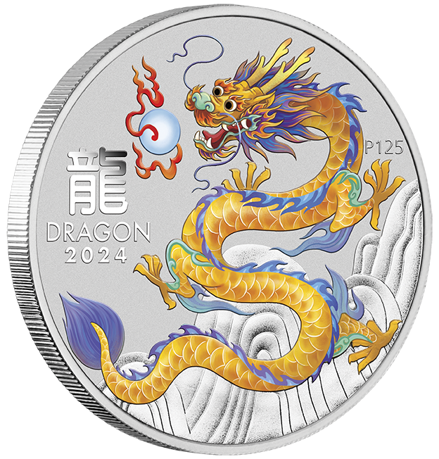 2024 Australia Yellow Lunar Dragon BU Colorized 1 oz Silver Coin - CoinsTV