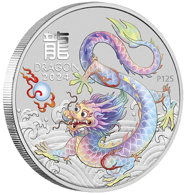 2024 Australia White Lunar Dragon BU Colorized 1 oz Silver Coin - CoinsTV