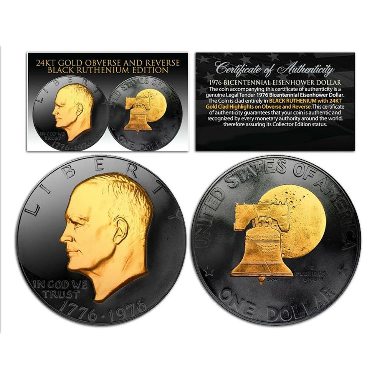 1976 Bicentennial Eisenhower Genuine Dollar - Black Ruthenium & 24k Gold Enhanced - CoinsTV
