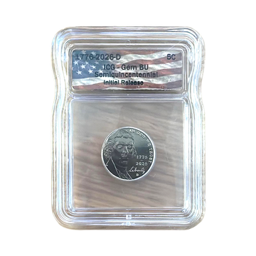 2026-D Semiquincentennial Jefferson Nickel - ICG GEM BU Initial Release Flag Label