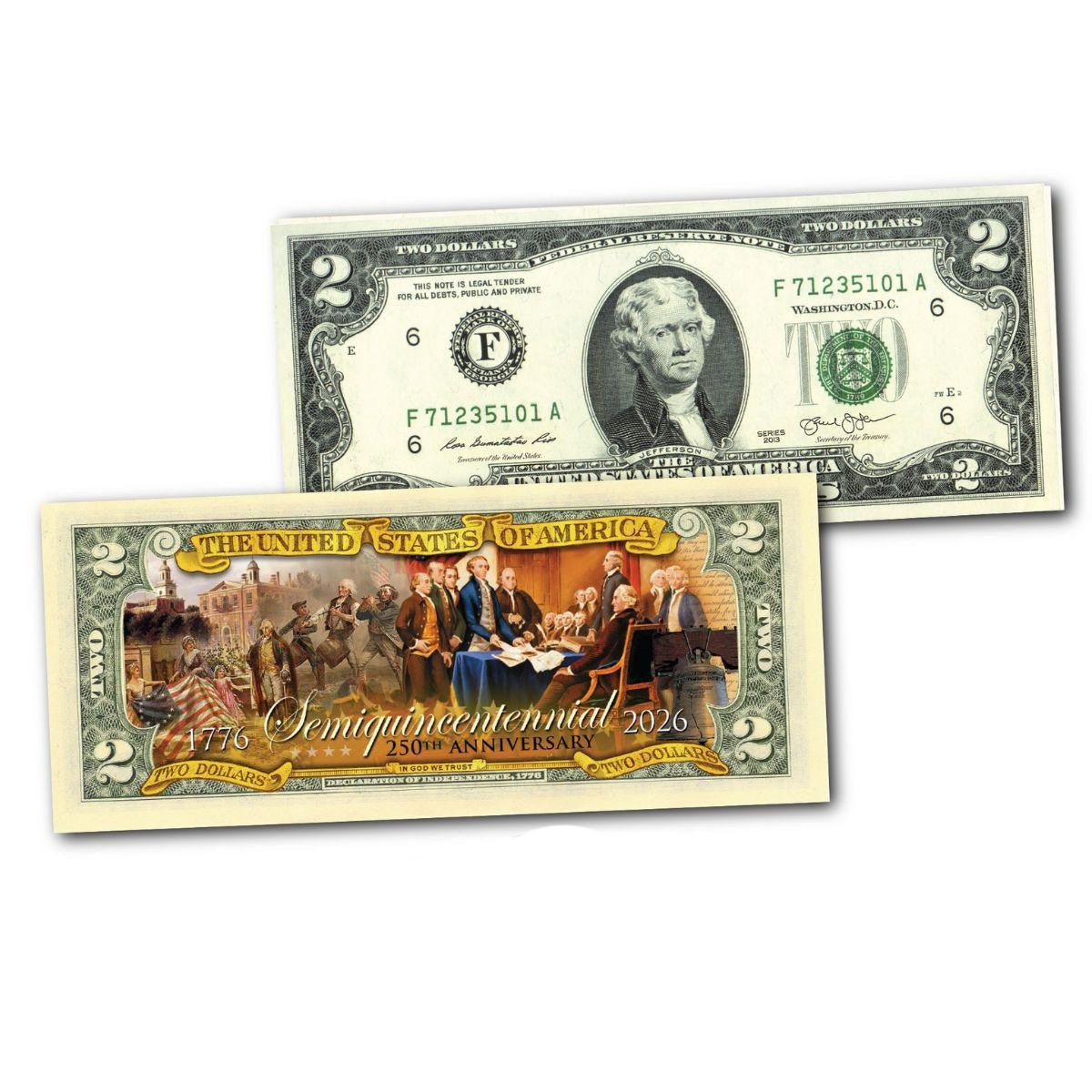 1776-2026 America's 250th Anniversary 2 Dollar Bill with 4 Panel Stamp Strip - CoinsTV
