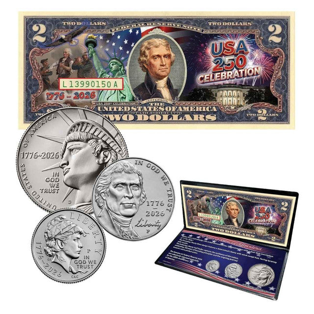 1776–2026 USA 250th Anniversary 3-Coin & Colorized $2 Dollar Bill Collection