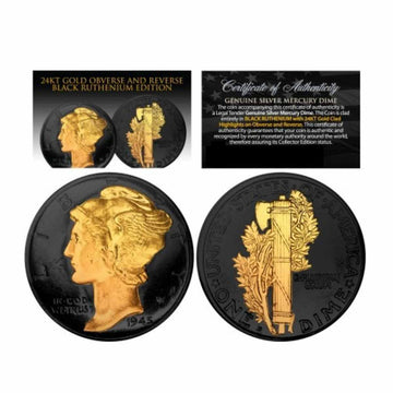 1916-1945 Mercury Silver Dime Black Ruthenium Plated w/ 24KT Gold Clad Highlights