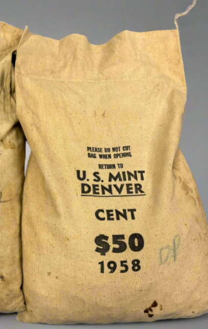 1958 Canvas Original Bank Bag 5000 BU Unsearched Wheat Cents - CoinsTV