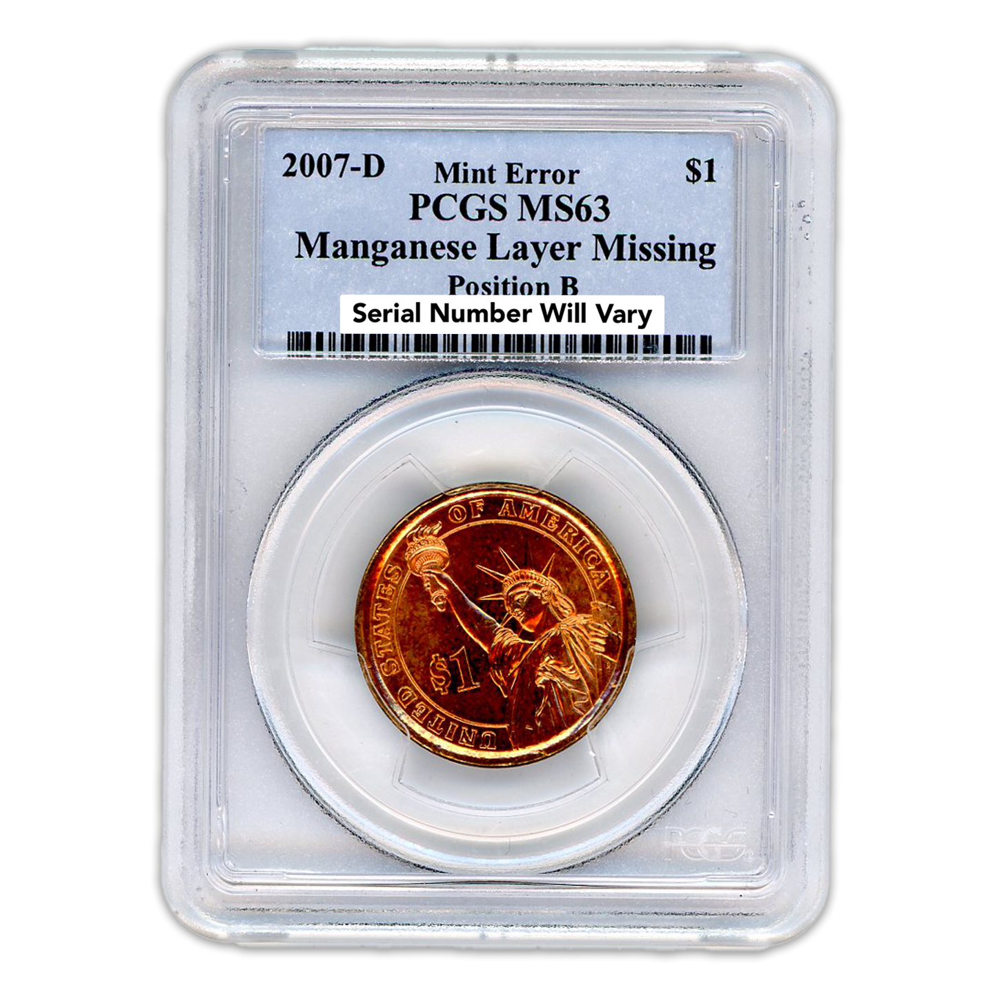 2007 Washington Dollar - Reverse Missing Clad Layer - PCGS MS63