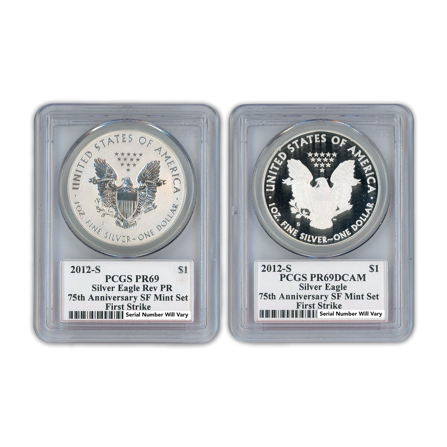 2012-S Silver Eagle 2 pc Set - PCGS PR69 DCAM Mercanti Label - CoinsTV