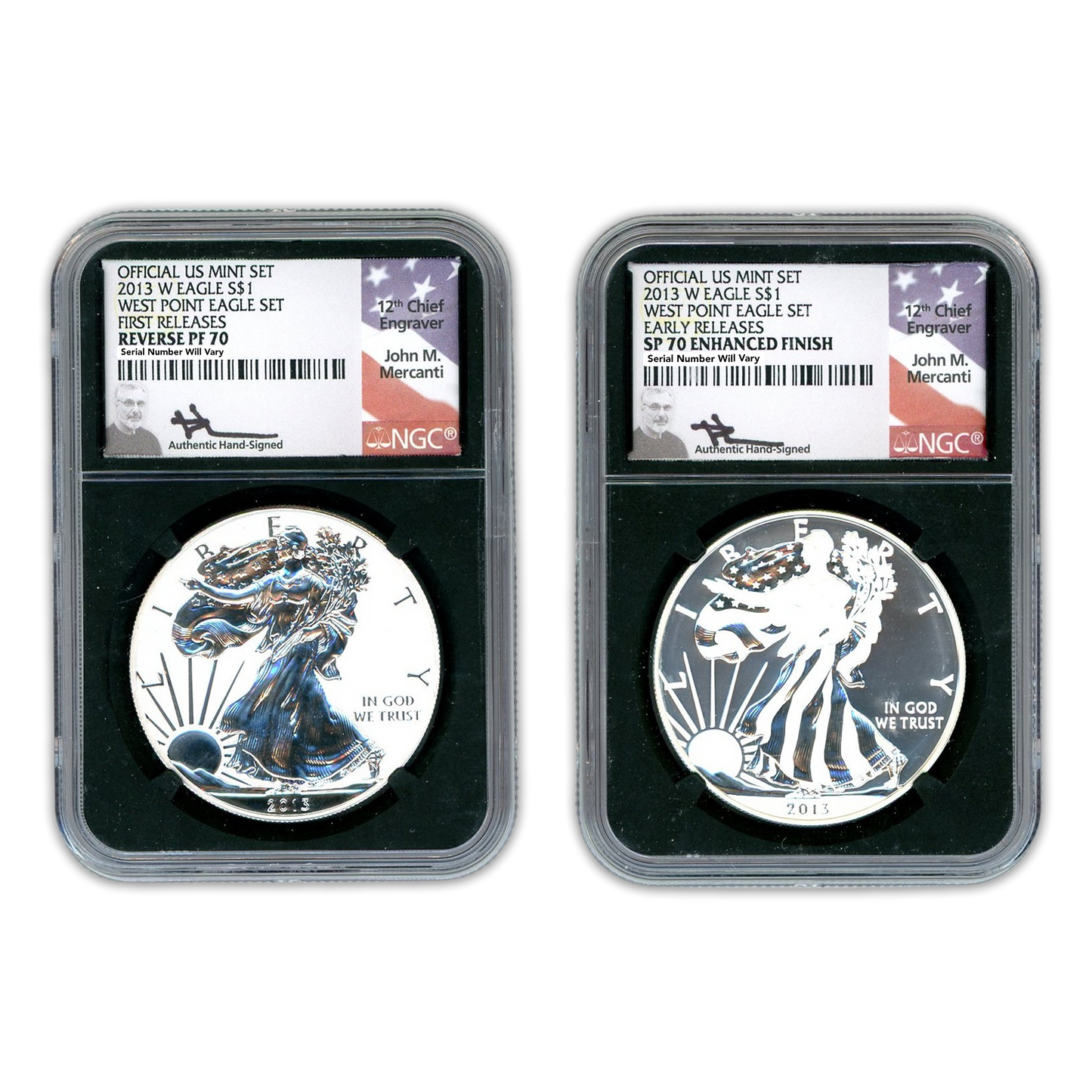 2013 W Silver Eagle Early Releases 2 pc Set - NGC SP/Reverse PF 70 Mercanti Black Core Label