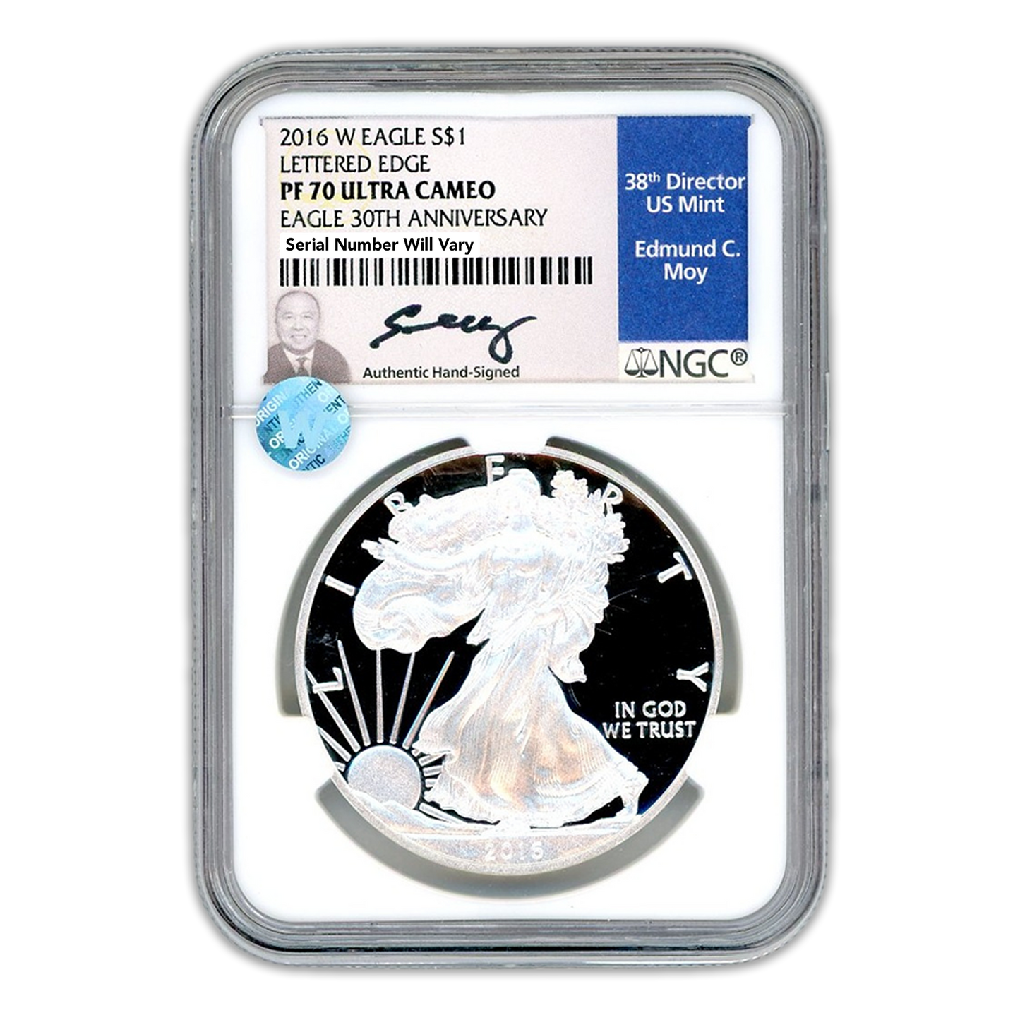 2016 W Silver Eagle West Point - 30th Anniversary - Lettered Edge - Moy Signature Label - NGC PF70 UC - CoinsTV