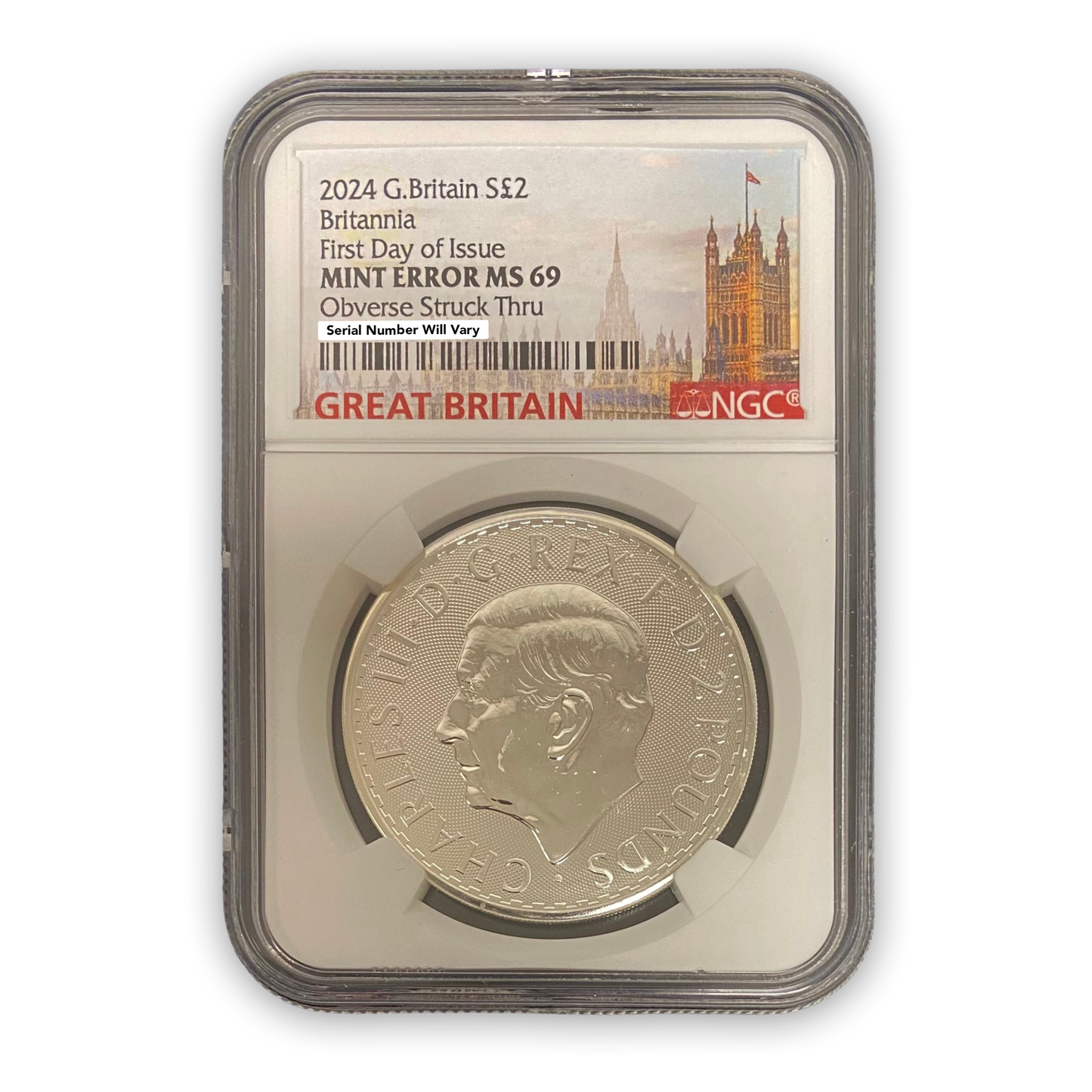 2024 Great Britain Britannia King Charles lll - Obverse Struck Thru Mint Error - 1 oz Silver NGC MS69 FDOI