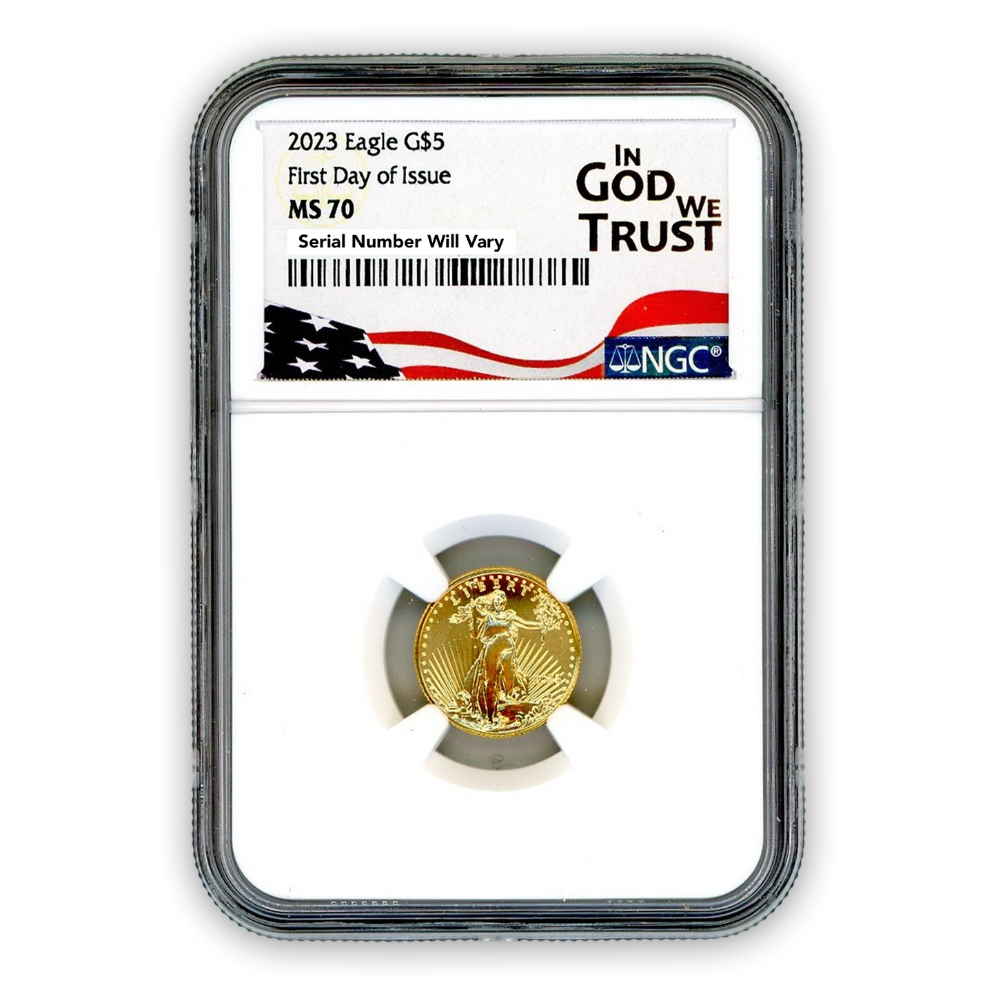 2023 $5 Gold Eagle in God We Trust Label - NGC MS70 First Day of Issue