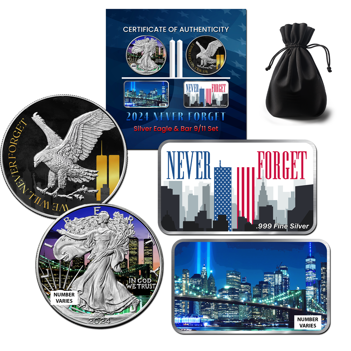 2024 Chromatics Never Forget Silver Eagle & Bar 9/11 Set - CoinsTV