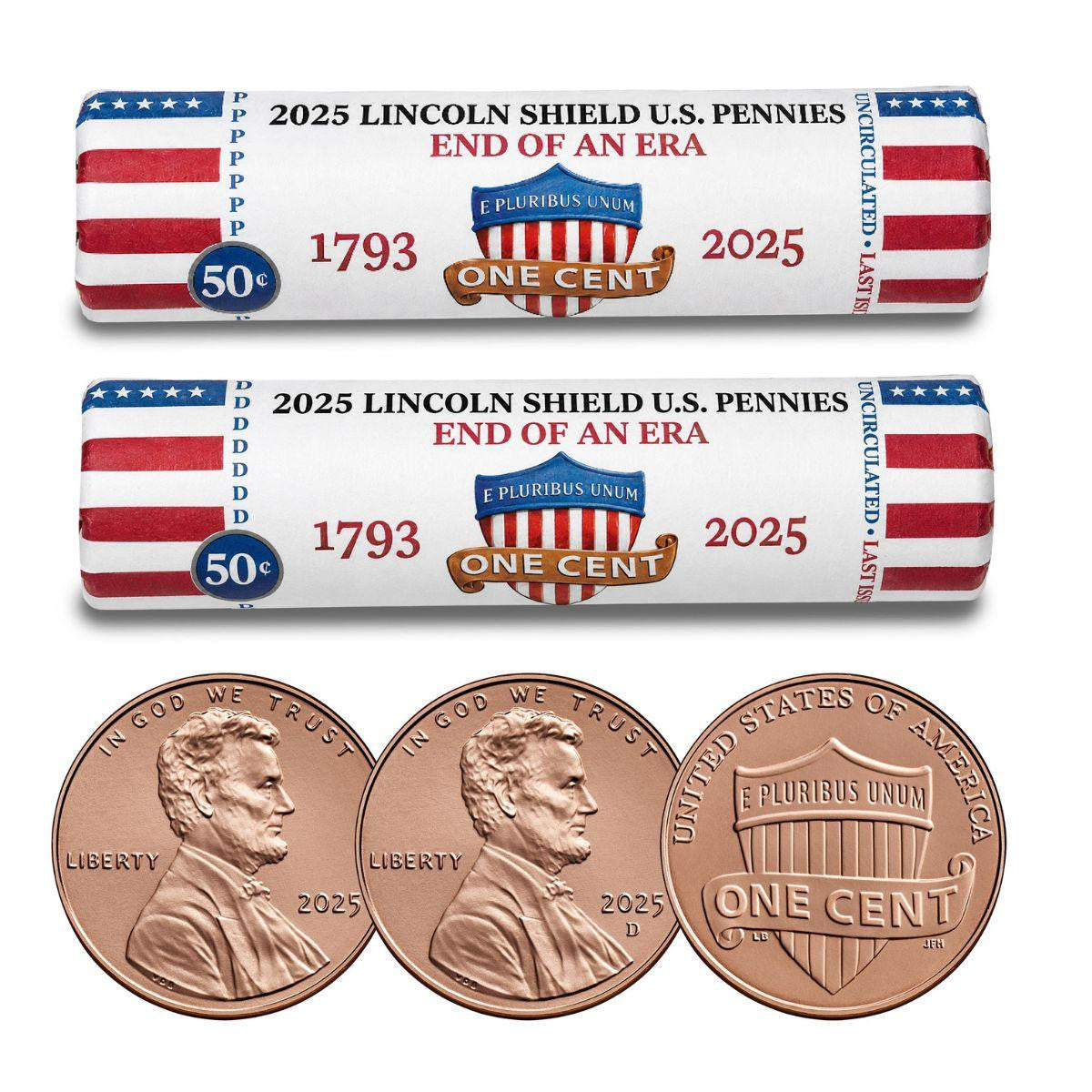 2025 P&D Lincoln Shield Penny Final-Year 2 Rolls – 100 Uncirculated Cents