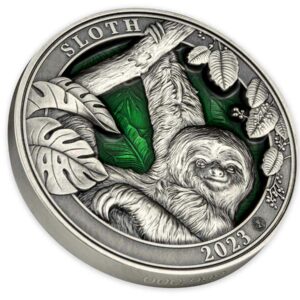 2023 3 oz Colours of Wildlife Sloth Silver - Antique Finish - CoinsTV