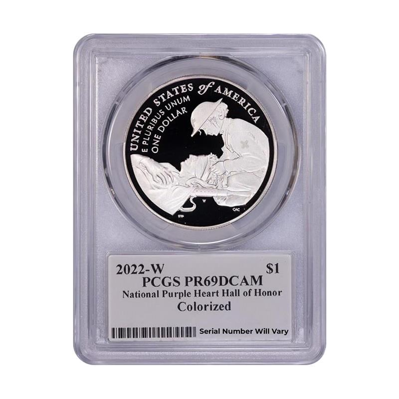 2022-W Colorized Purple Heart Silver Dollar - Rear Admiral Jurkowsky Signed - PCGS PR69 DCAM - CoinsTV