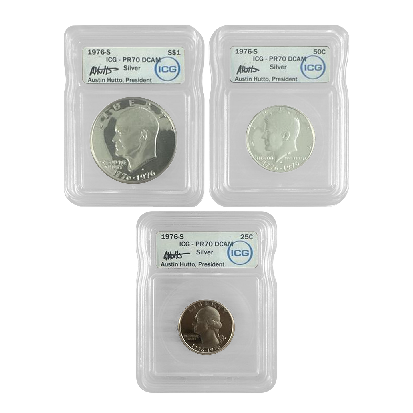 1976-S Bicentennial Silver 3 pcs Set - Austin Hutto Signature Label - ICG PR70DCAM - CoinsTV