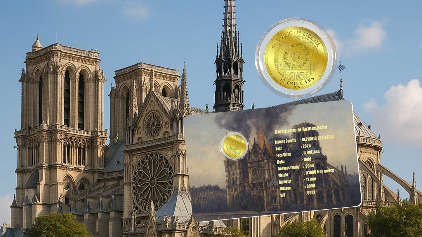 2025 Liberia Notre Dame 1/1000 oz Gold Coin in Card