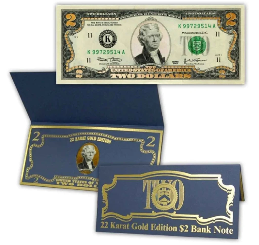 22k Gold Layered Uncirculated $2 Bill - Special Edition Collectible