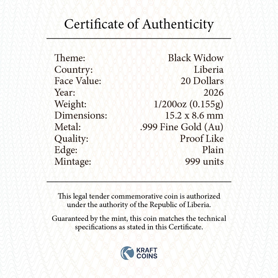 2026 Liberia Black Widow Spider 1/200 oz Gold Coin