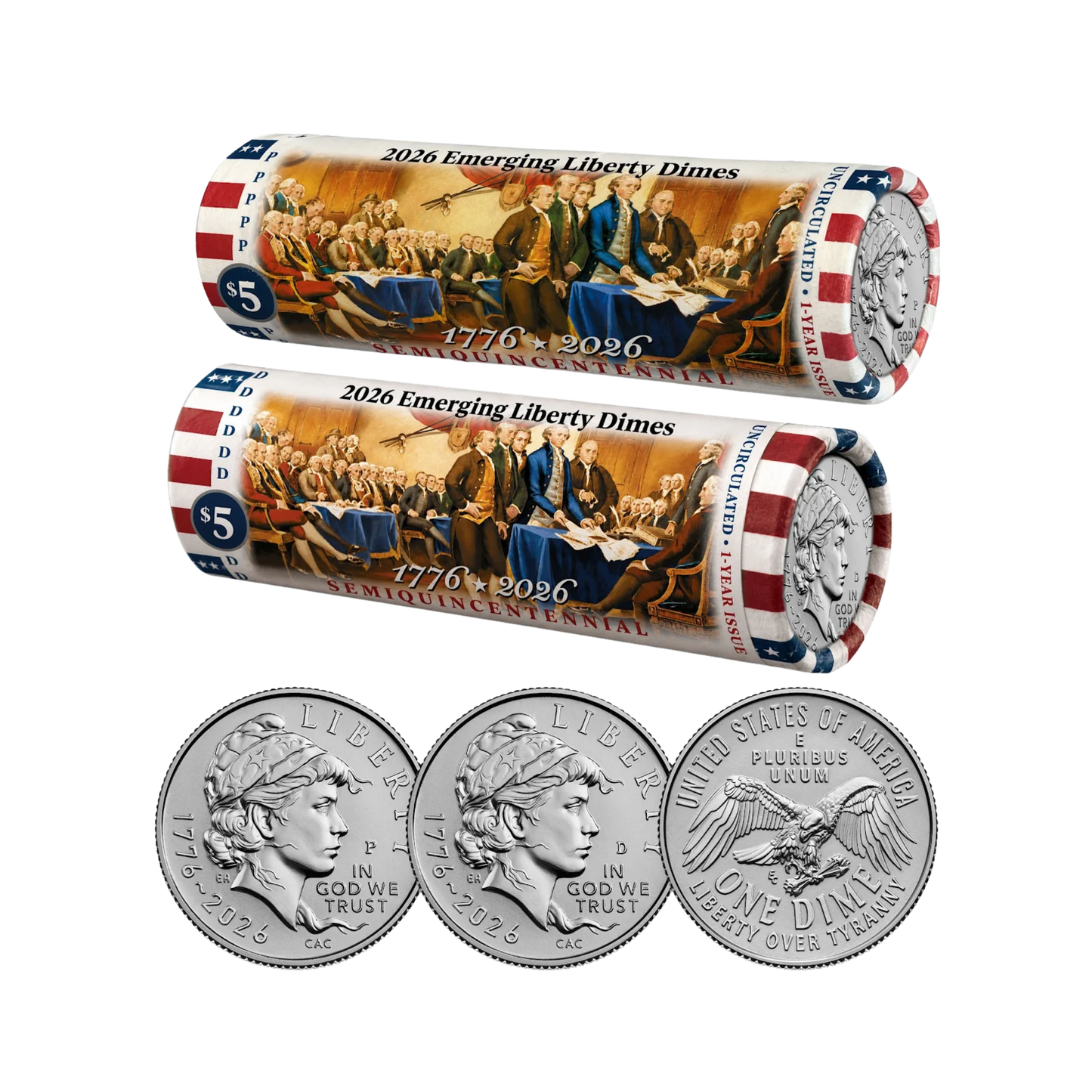 1776-2026 P or D America 250 Roll: Emerging Liberty Dime in Color Wrapper
