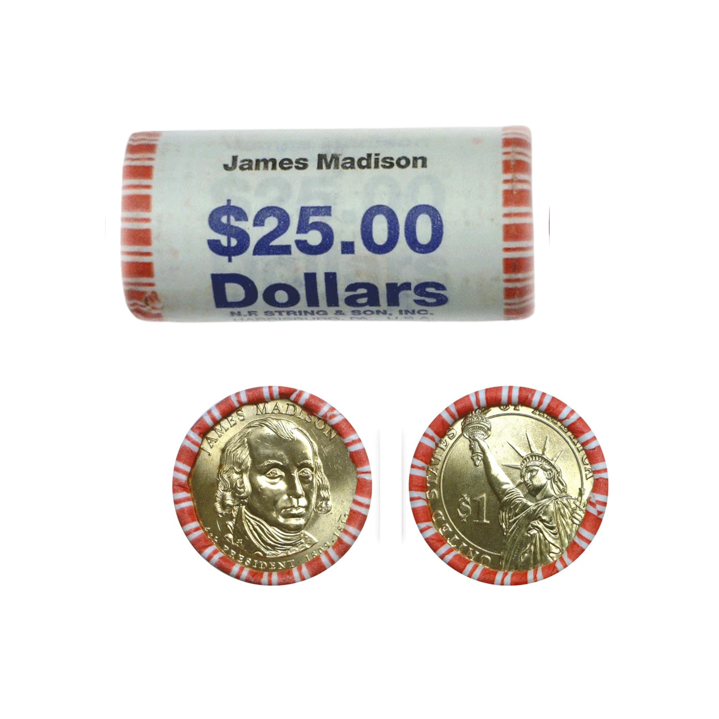 2007-P James Madison Presidential Dollar Uncirculated - Original Bank-Wrapped Roll - CoinsTV