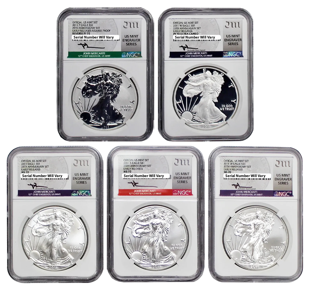 2011 Silver Eagle 25th Anniversary 5 Coin Set - Mercanti Signature - NGC MS70/PF70