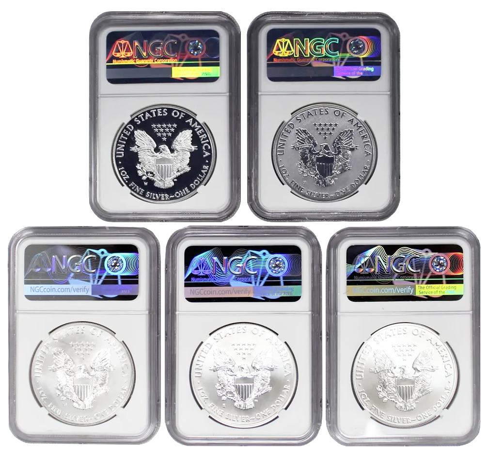 2011 Silver Eagle 25th Anniversary 5 Coin Set - Mercanti Signature - NGC MS70/PF70 - CoinsTV