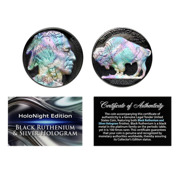 1930's Indian Head Buffalo Nickel - Black Ruthenium & Silver Hologram - HoloNight Edition