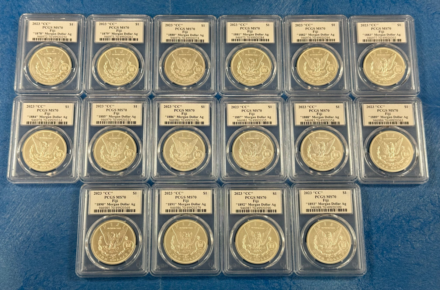2023 Fiji Morgan Dollar Carson City 16 coin Set- PCGS MS70 Trumans Triumph Label