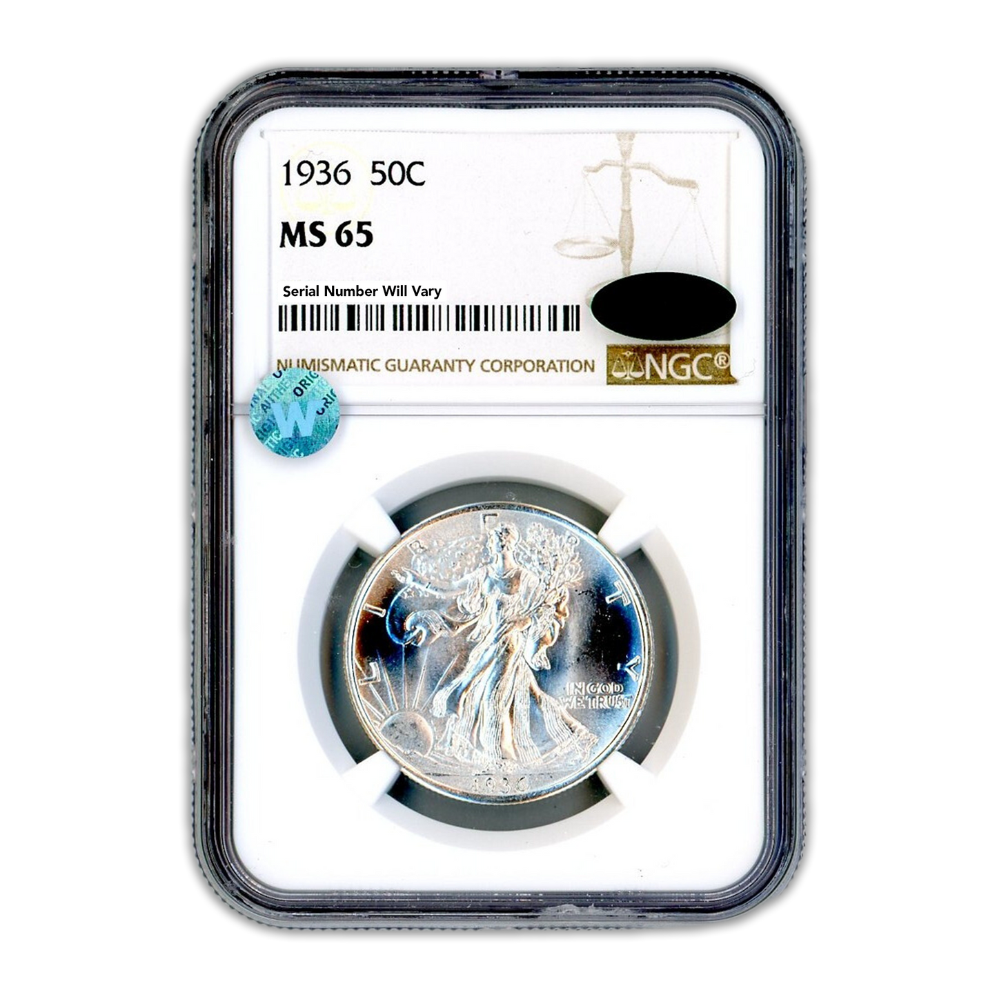1936 Walking Liberty Half Dollar Philadelphia - CAC - NGC MS65 Sight White