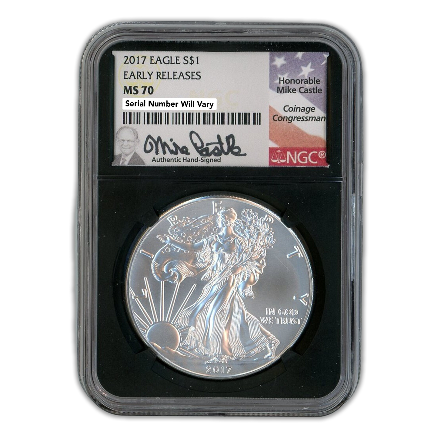 2017 Silver Eagle - NGC MS70 Castle Flag Label ER