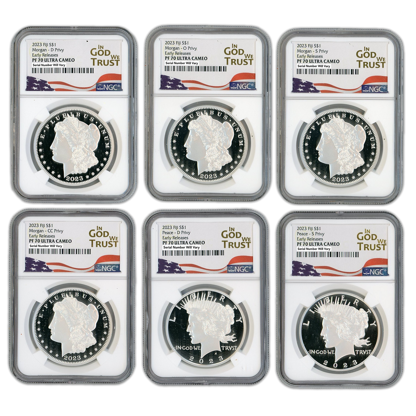 2023 Fiji Morgan & Peace Silver Dollar 6 pc Set - NGC In God We Trust Label PF70 Ultra Cameo Early Release