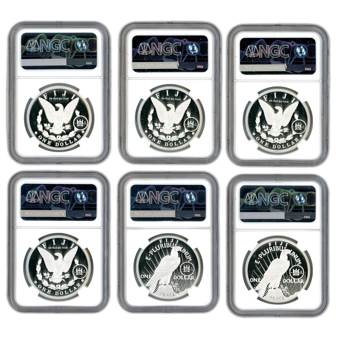 2023 Fiji Morgan & Peace Silver Dollar 6 pc Set - NGC In God We Trust Label PF70 Ultra Cameo Early Release