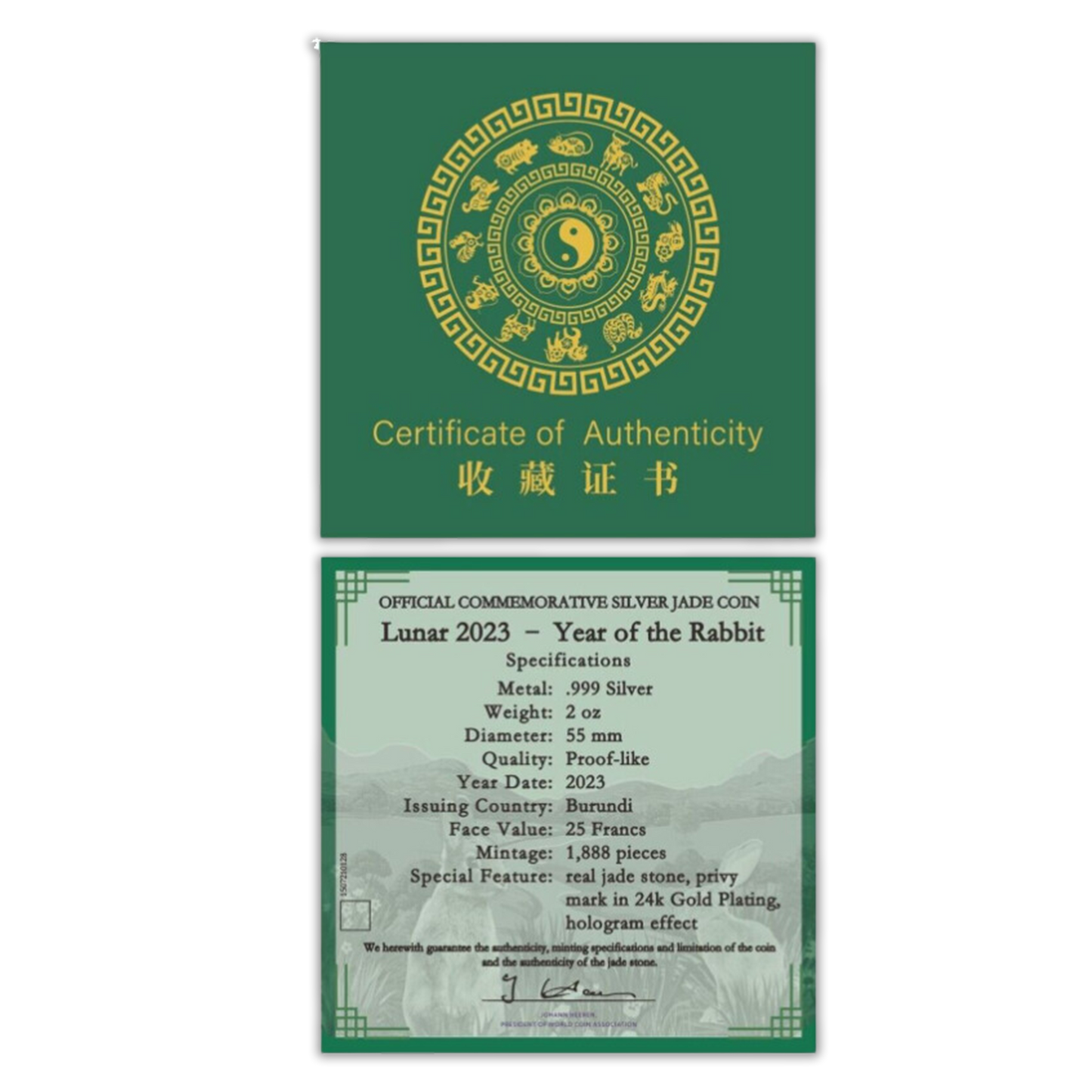 2023 2 oz Burundi Year of the Rabbit Silver Proof with Jadestone - CoinsTV