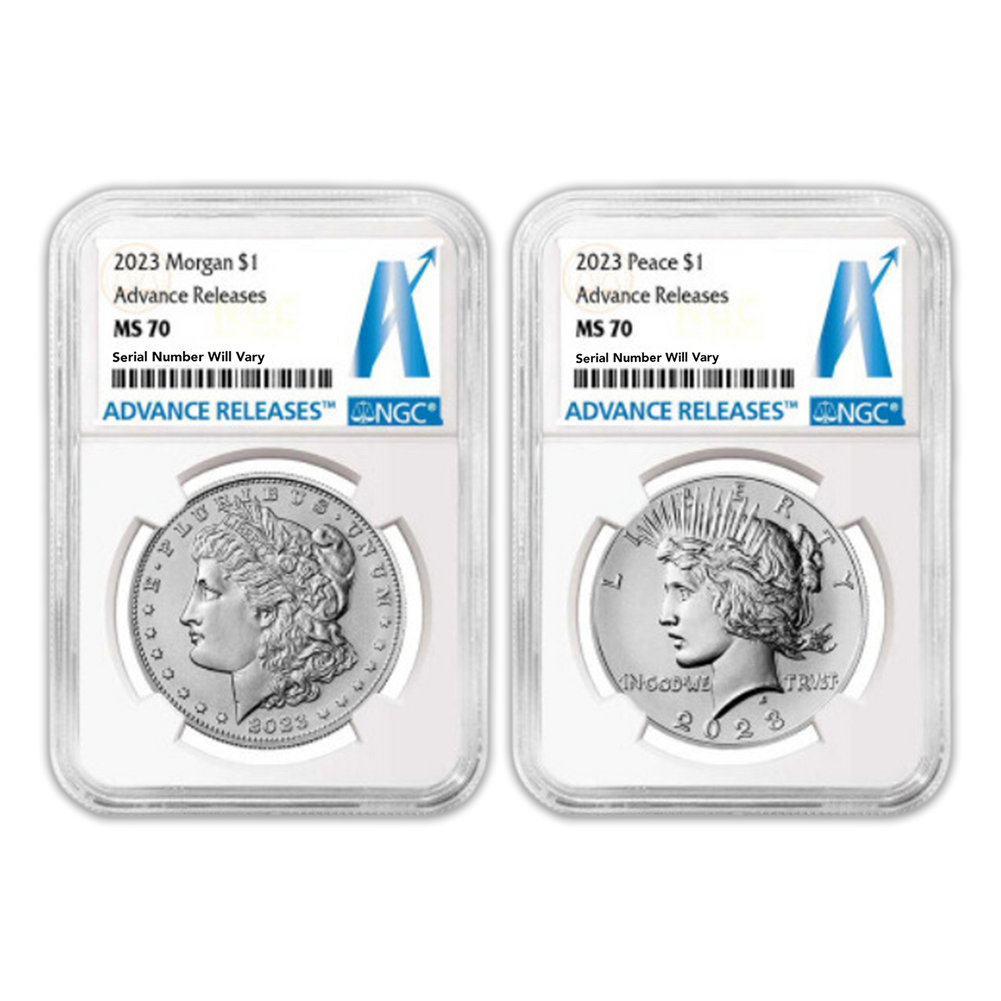 2023 Morgan & Peace Dollar 2 pc NGC MS70 Advanced Release Set