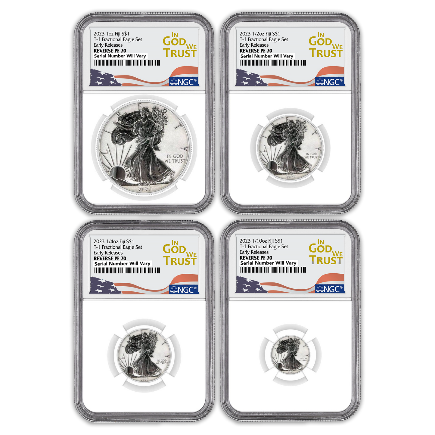 2023 Fiji Silver Eagle Tribute 4 pc Fractional Set NGC Reverse Proof PF70 In God We Trust Label