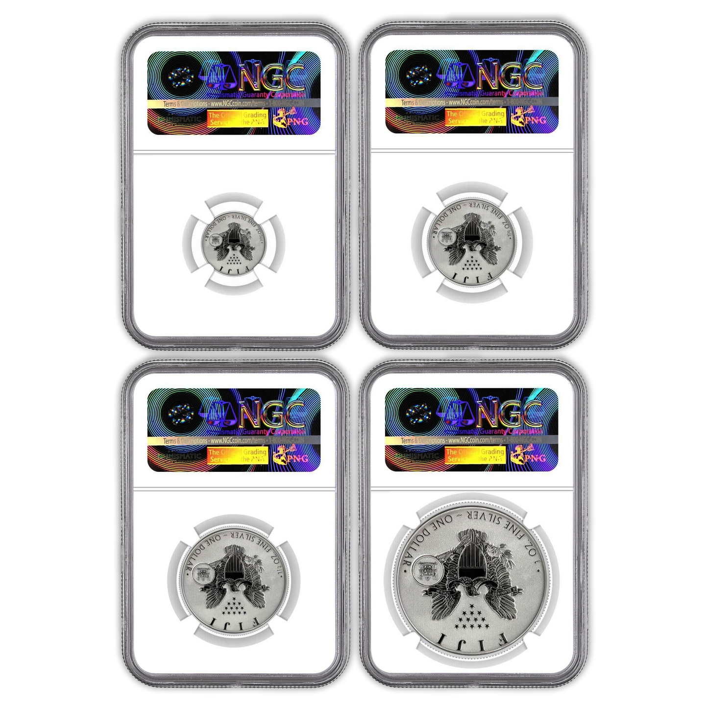 2023 Fiji Silver Eagle Tribute 4 pc Fractional Set NGC Reverse Proof PF70 In God We Trust Label - CoinsTV