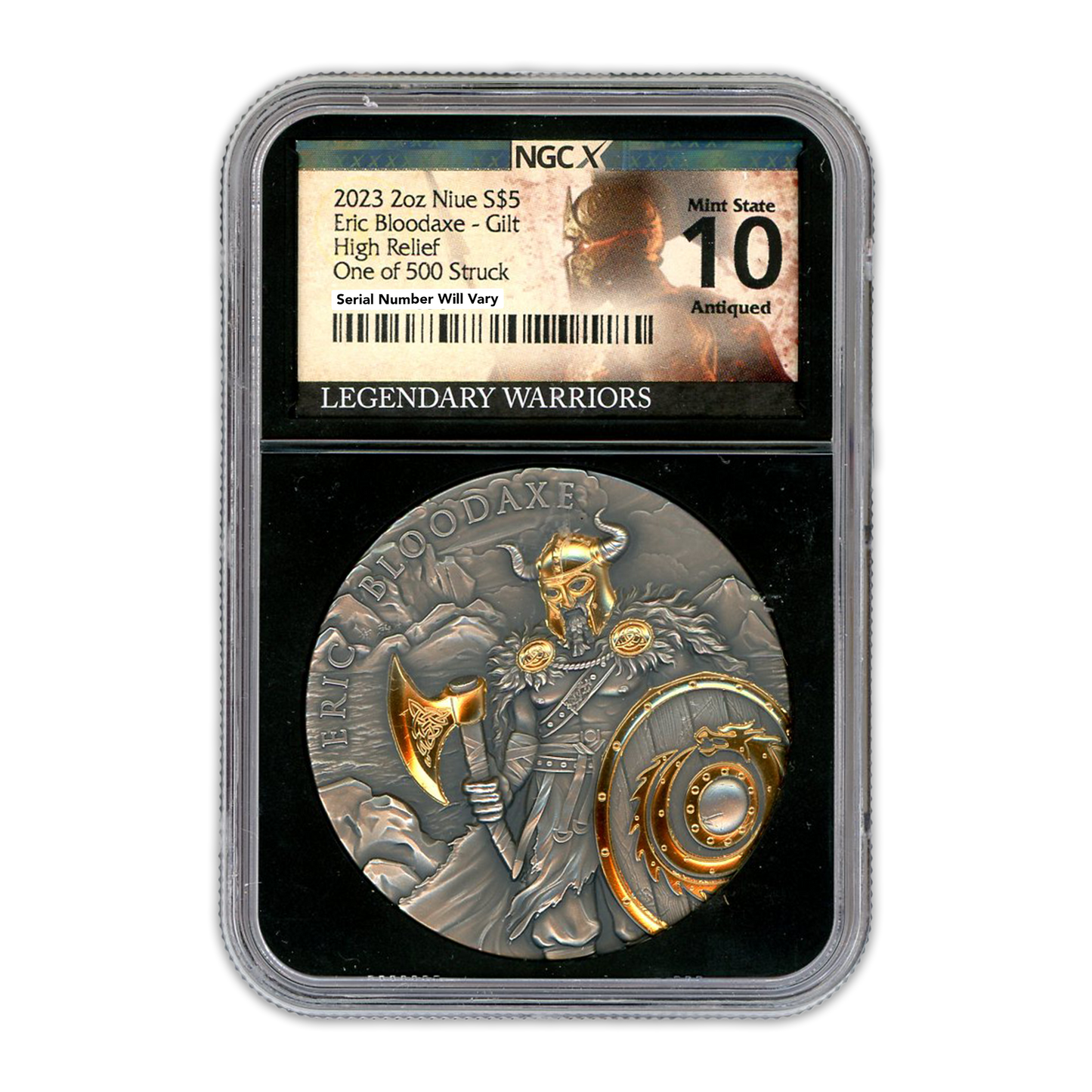 2023 2 oz Niue Eric Bloodaxe High Relief and Gold Gilded Silver - NGCX MS10 Legendary Warriors Label