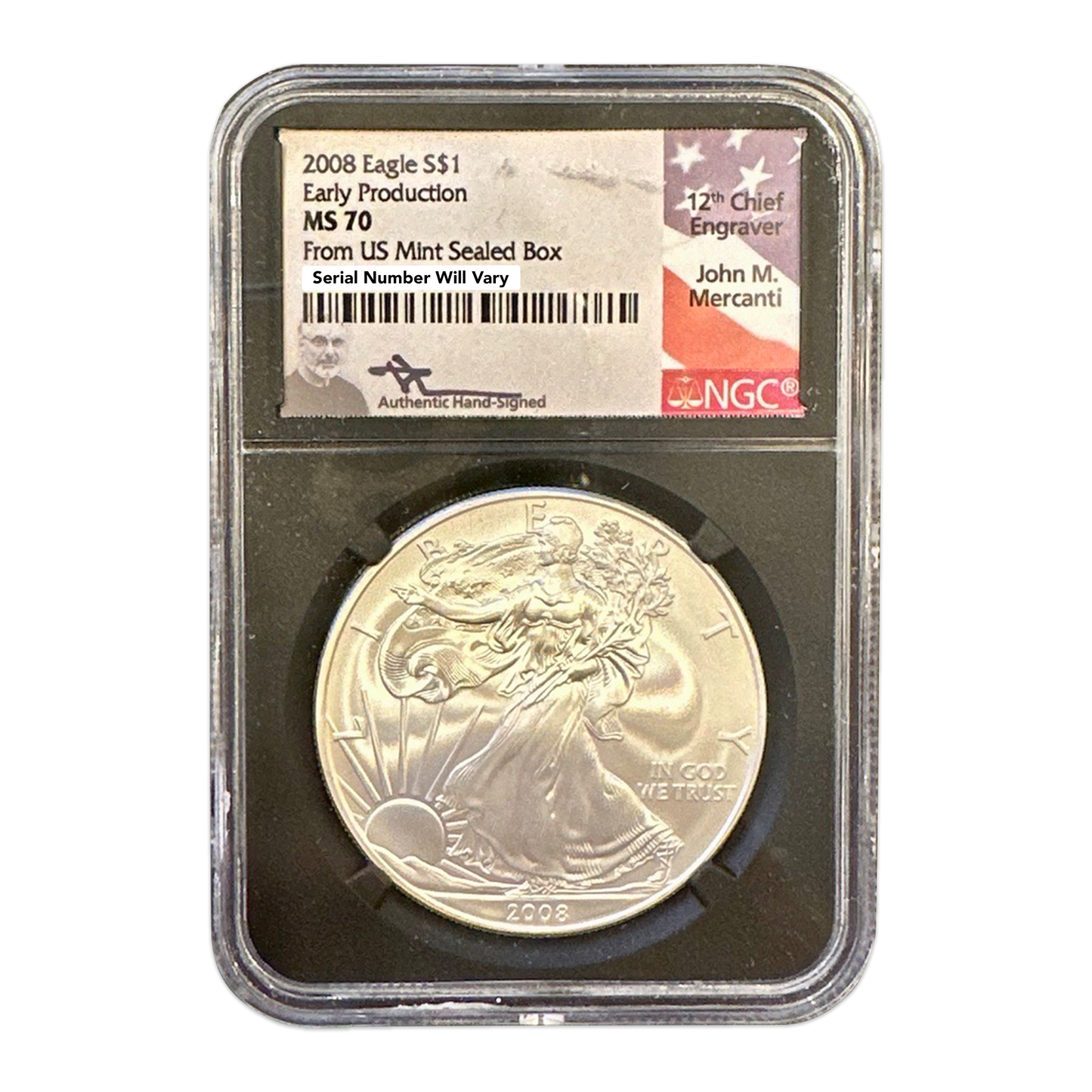 2008 Silver Eagle - Early Production - NGC MS70 John Mercanti Label Black Core - CoinsTV