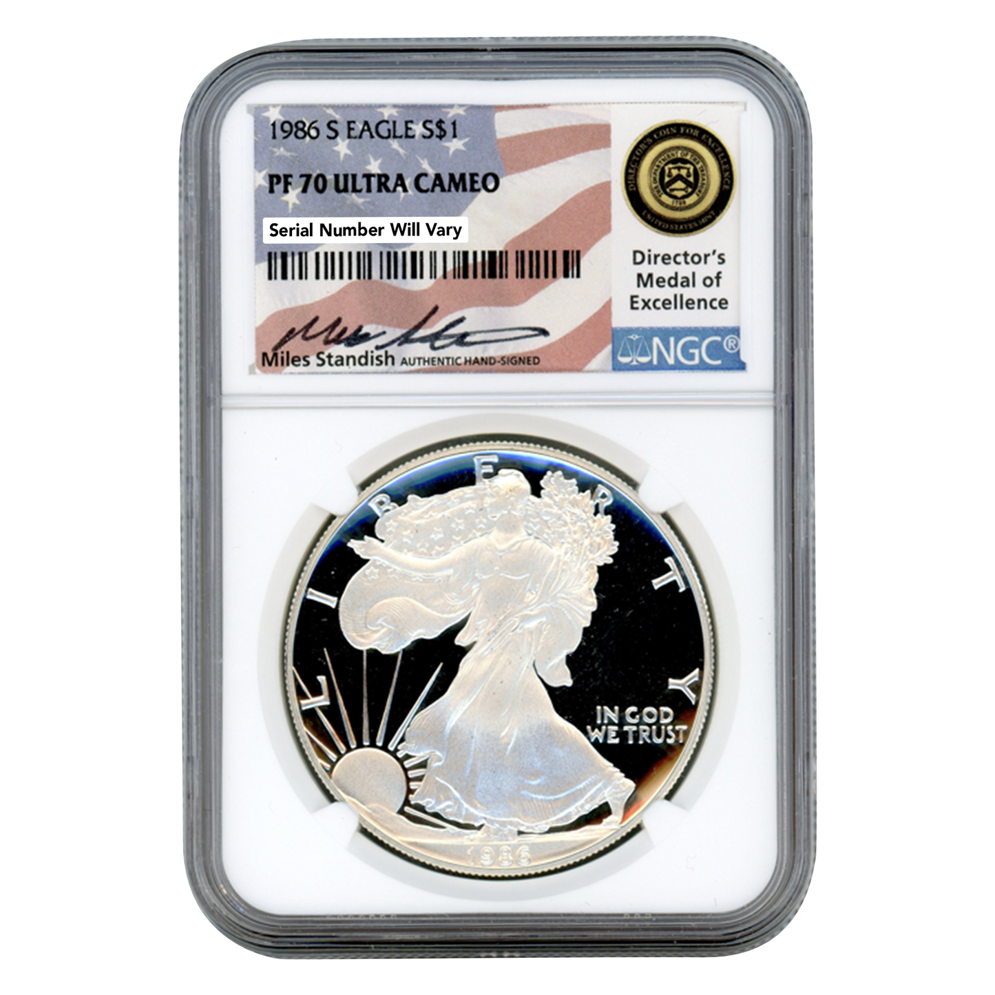 1986 S Silver Eagle - NGC PF70 Ultra Cameo Miles Standish Label