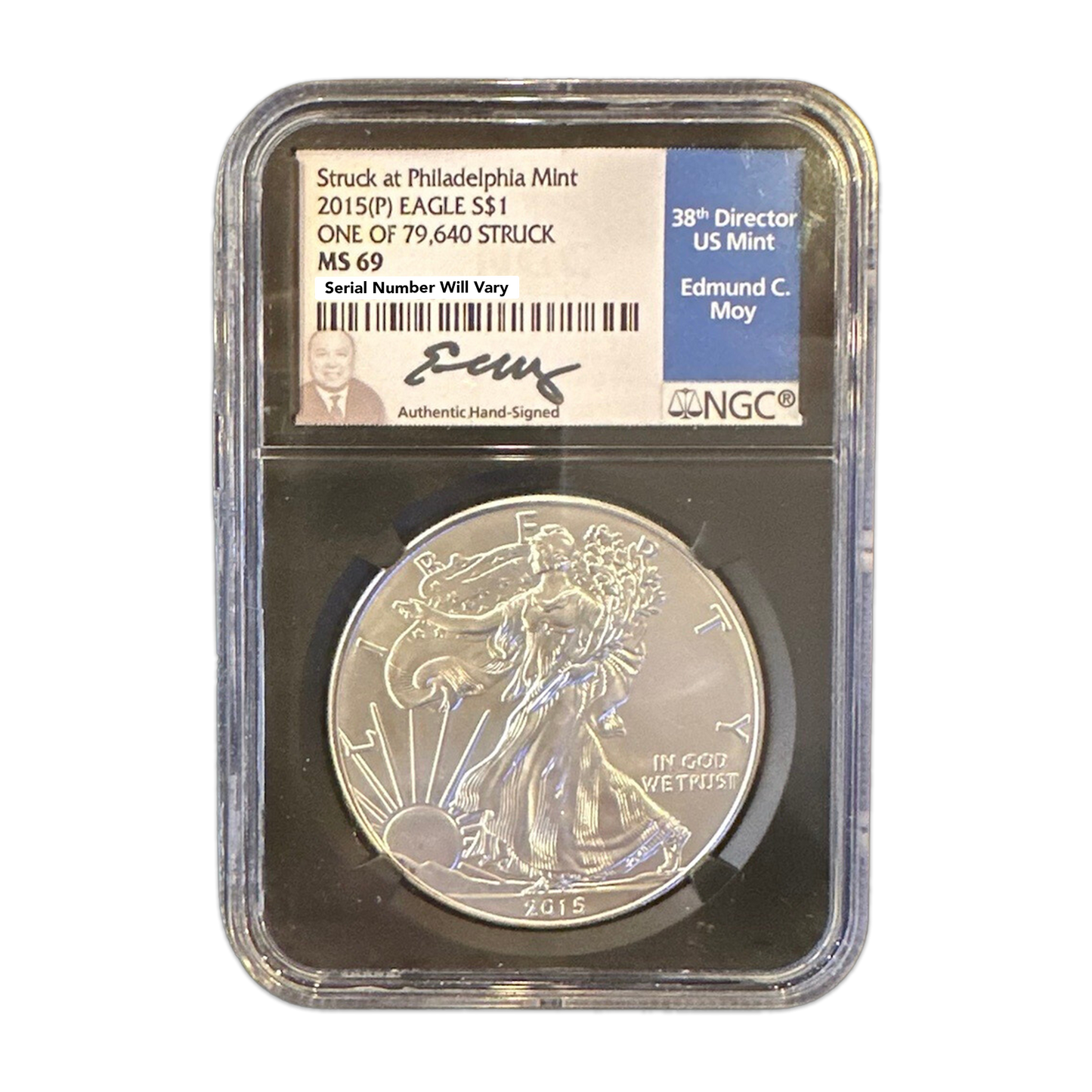 2015 (P) Silver Eagle Philadelphia - One of 79,640 Struck - NGC MS69 Black Core Moy Signature - CoinsTV