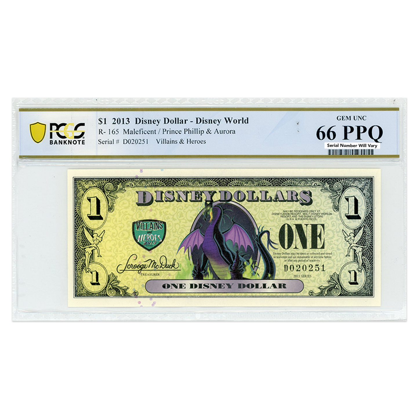 2013 Disney Dollar - Maleficent/ Prince Phillip and Aurora - PCGS 66 PPQ GEM UNC