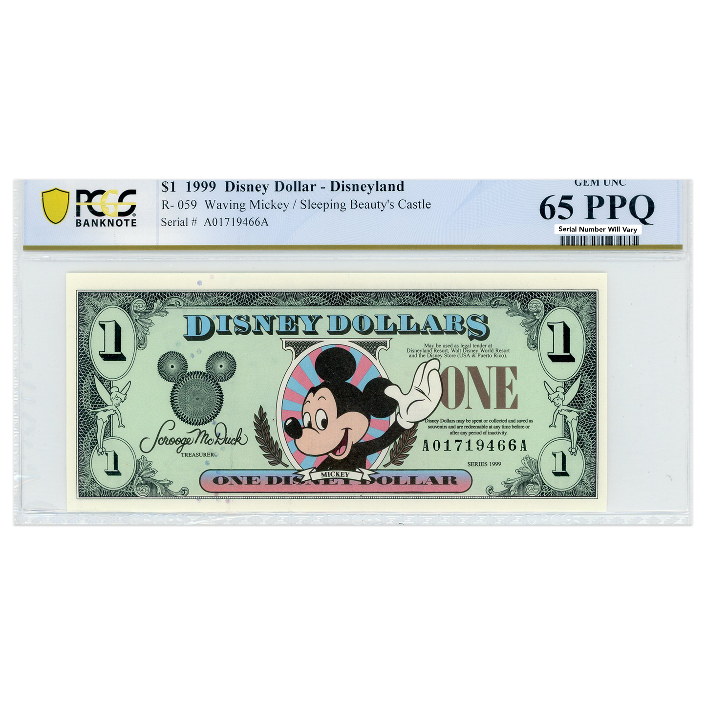 1999 Disney Dollar - Waving Mickey/Sleeping Beauty's Castle - PCGS 65 PPQ GEM UNC