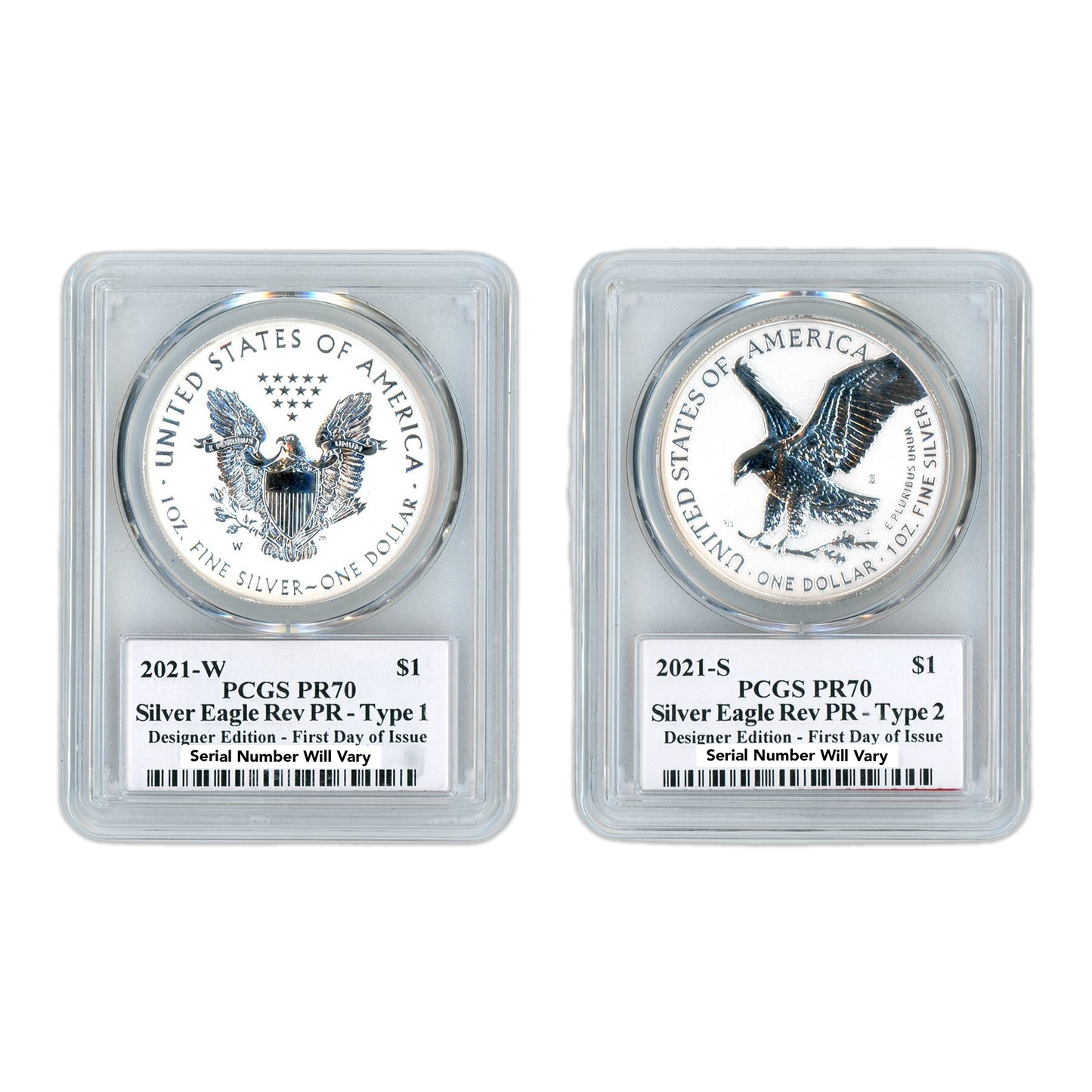 2021 Silver Eagle Designers Set - PCGS Reverse Proof PR70 FDOI Thomas S. Cleveland Signature - CoinsTV