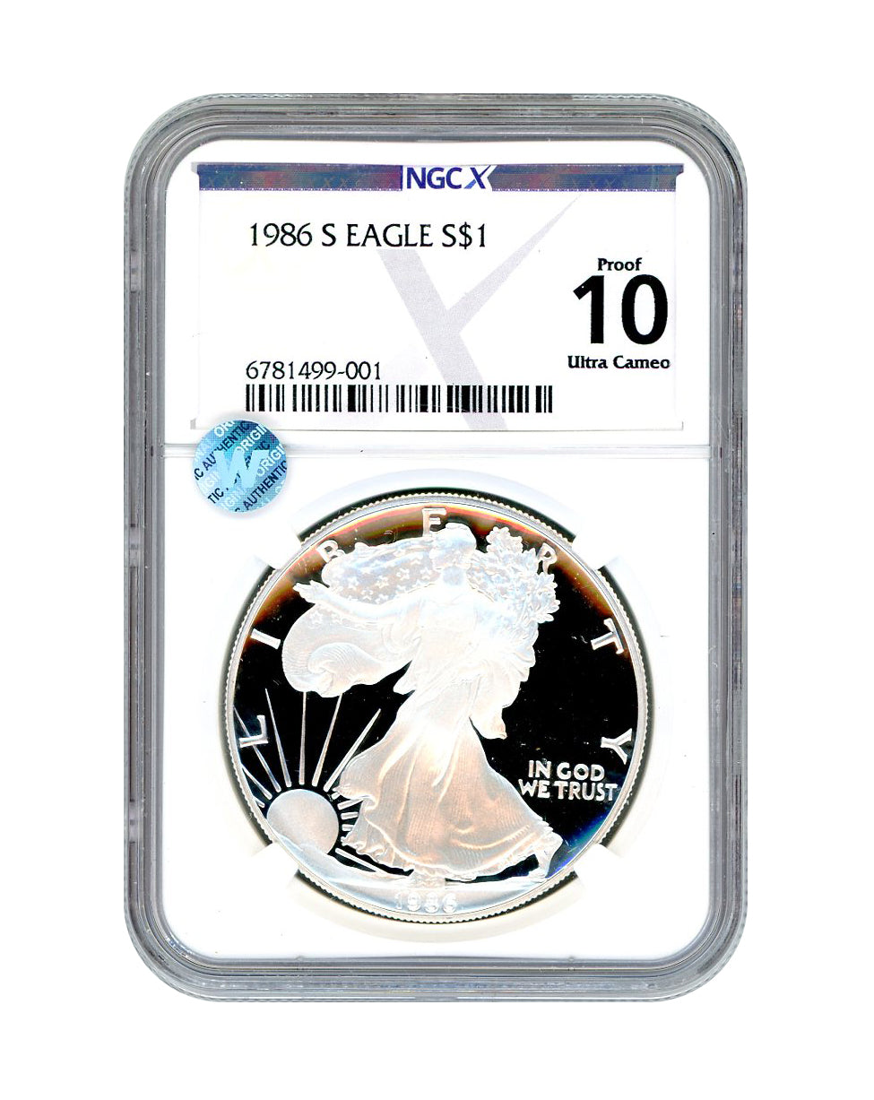 1986 S Silver Eagle - Proof - NGCX PF10 Ultra Cameo Sight White