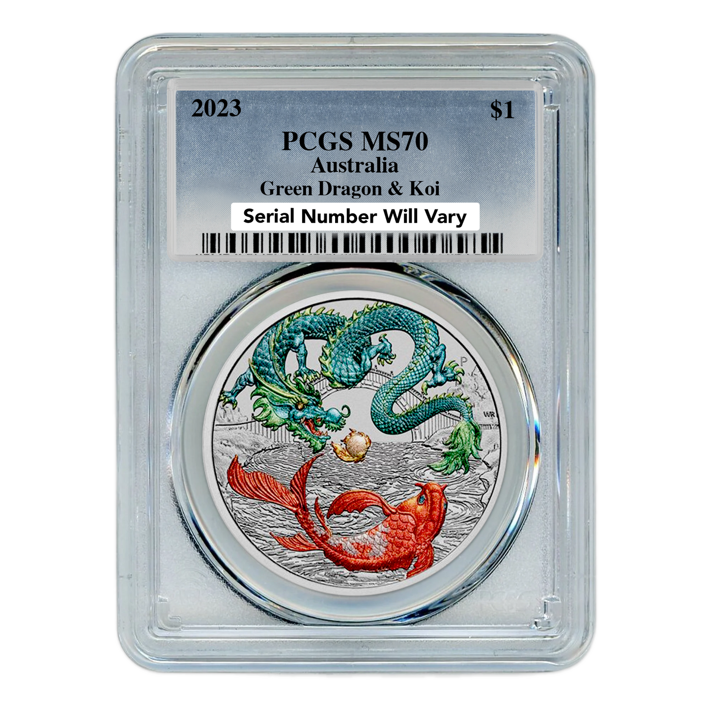 2023 1 oz Australian Chinese Myths and Legends - Green Dragon and Koi - PCGS MS70