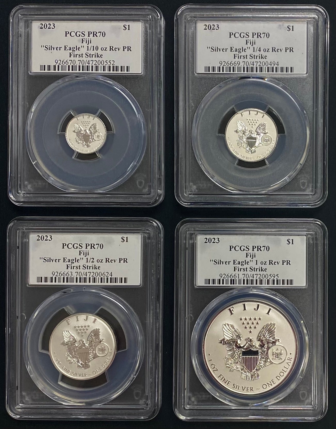 2023 Fiji Silver Eagle Tribute 4 pc Fractional Set PCGS Reverse Proof PR70 Trumans Triumph - CoinsTV